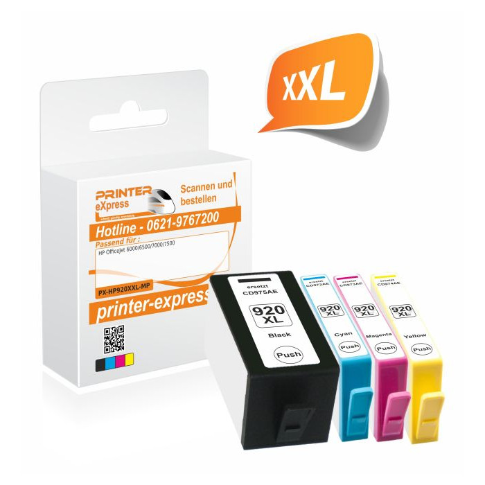 Printer-Express XXL-SET 4 Druckerpatronen ersetzen HP 920, 920XL mit neuem Chip