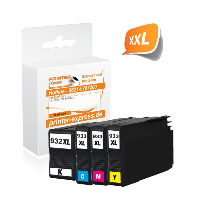 Printer-Express 4er Set Druckerpatronen ersetzt HP 932, 933, HP932XL, HP933XL mit Chip